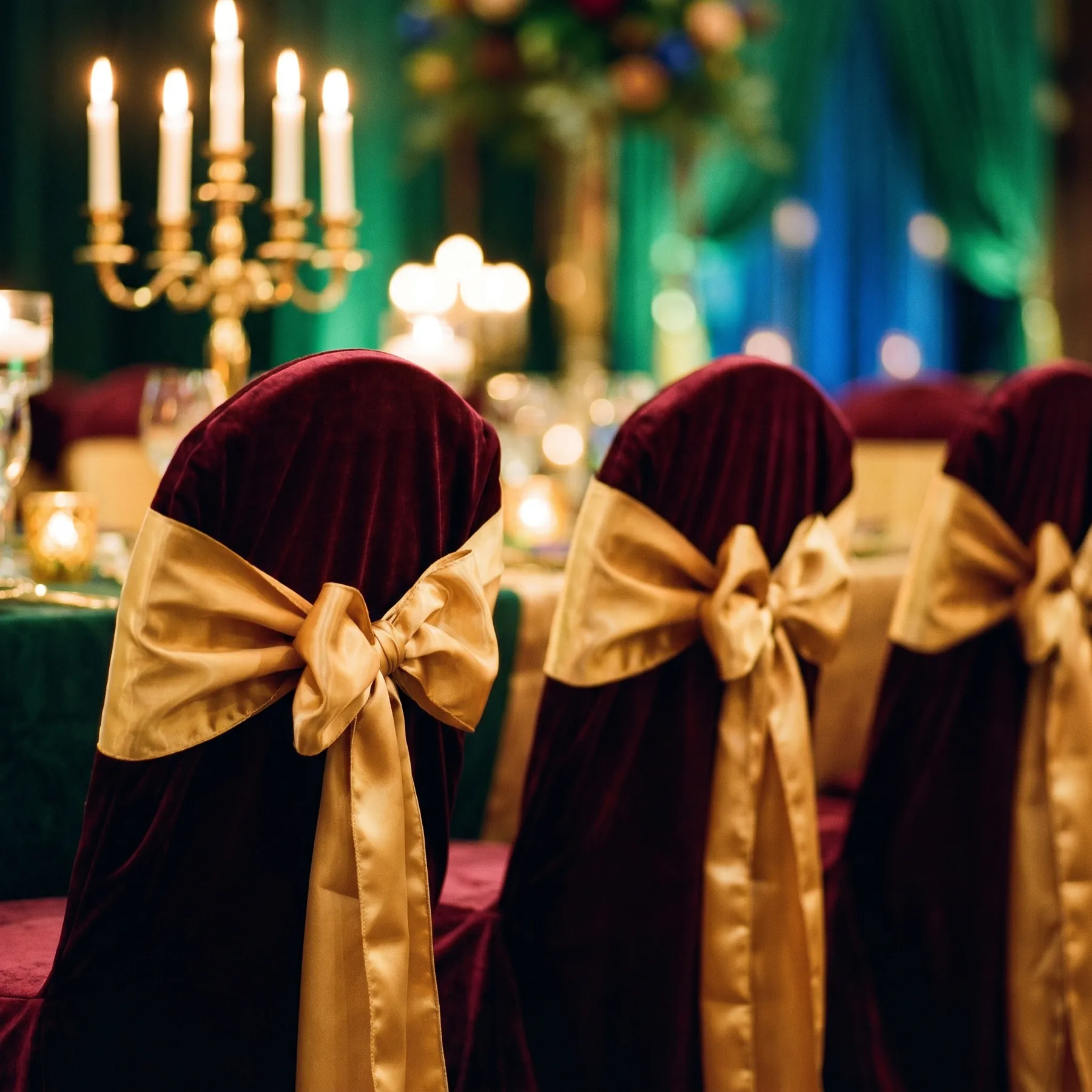 Burgundy chair covers with gold sashes