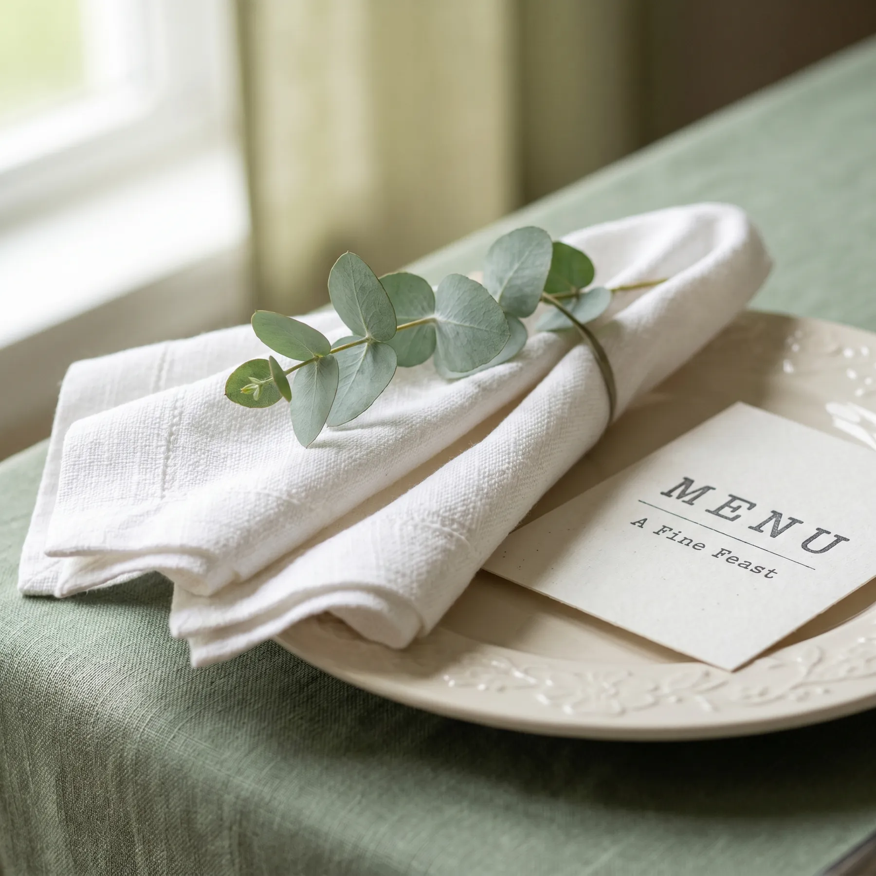 Folded linen napkin with eucalyptus