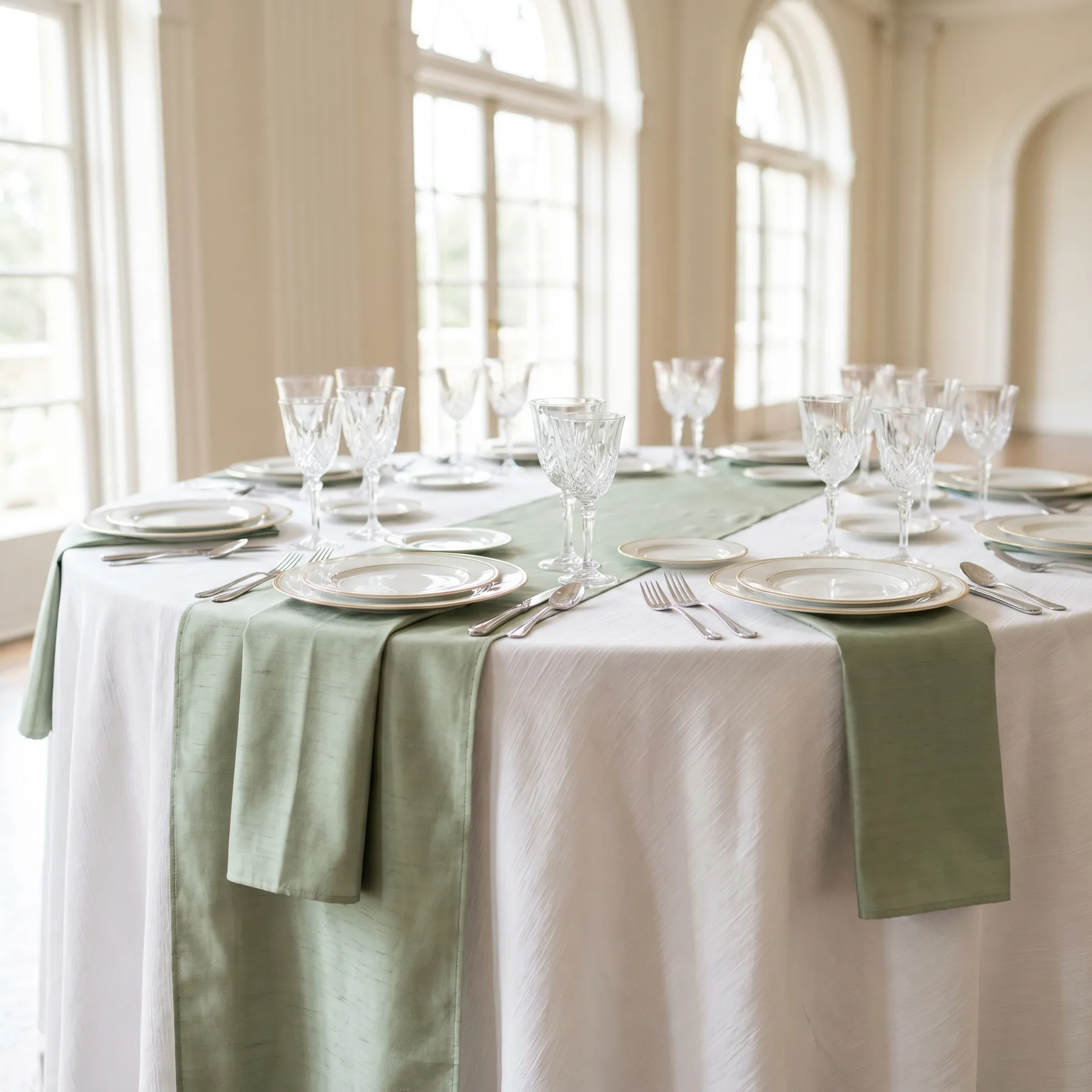 White tablecloth with sage runner