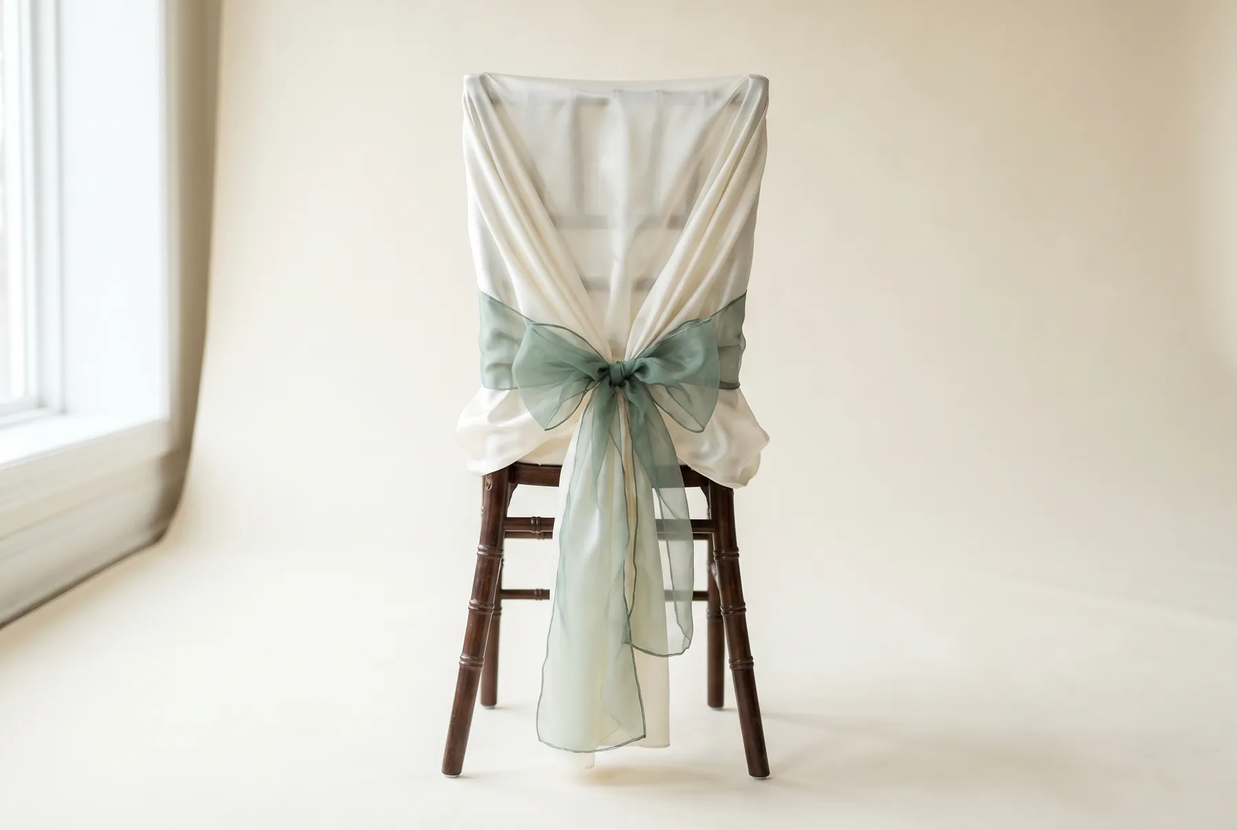 Ivory chair cover with sage sash on a chiavari chair