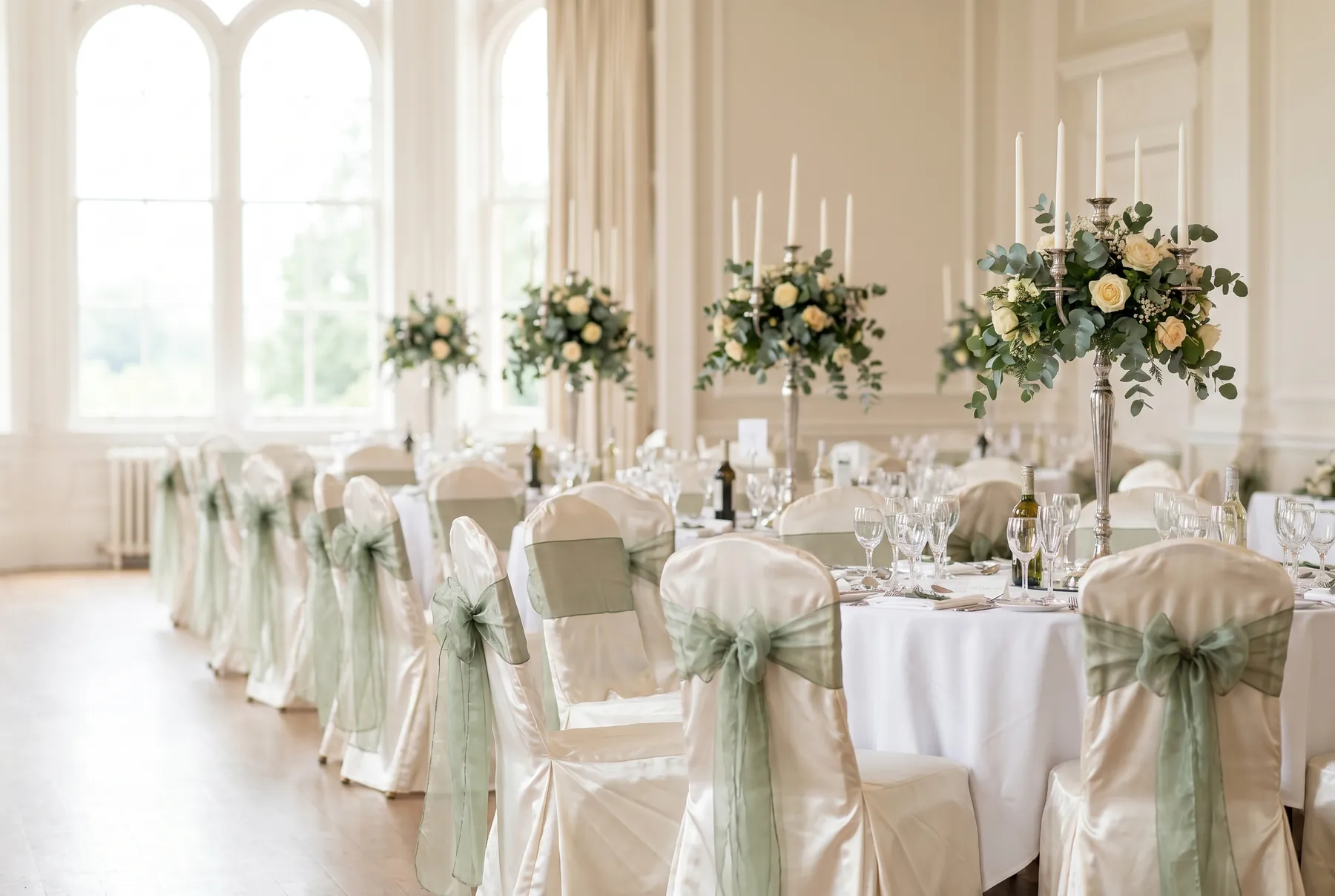 Fully styled wedding room with dressed chairs and candelabras