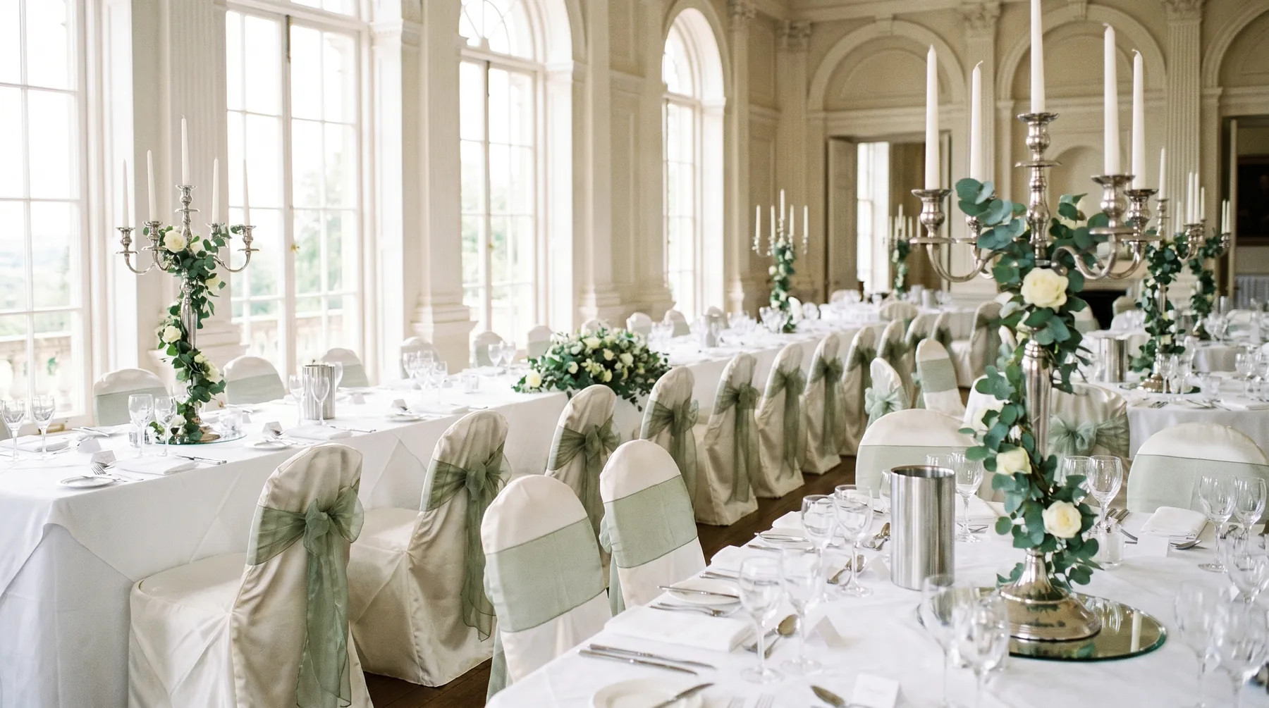 Elegant wedding reception hall with ivory chair covers and sage organza sashes
