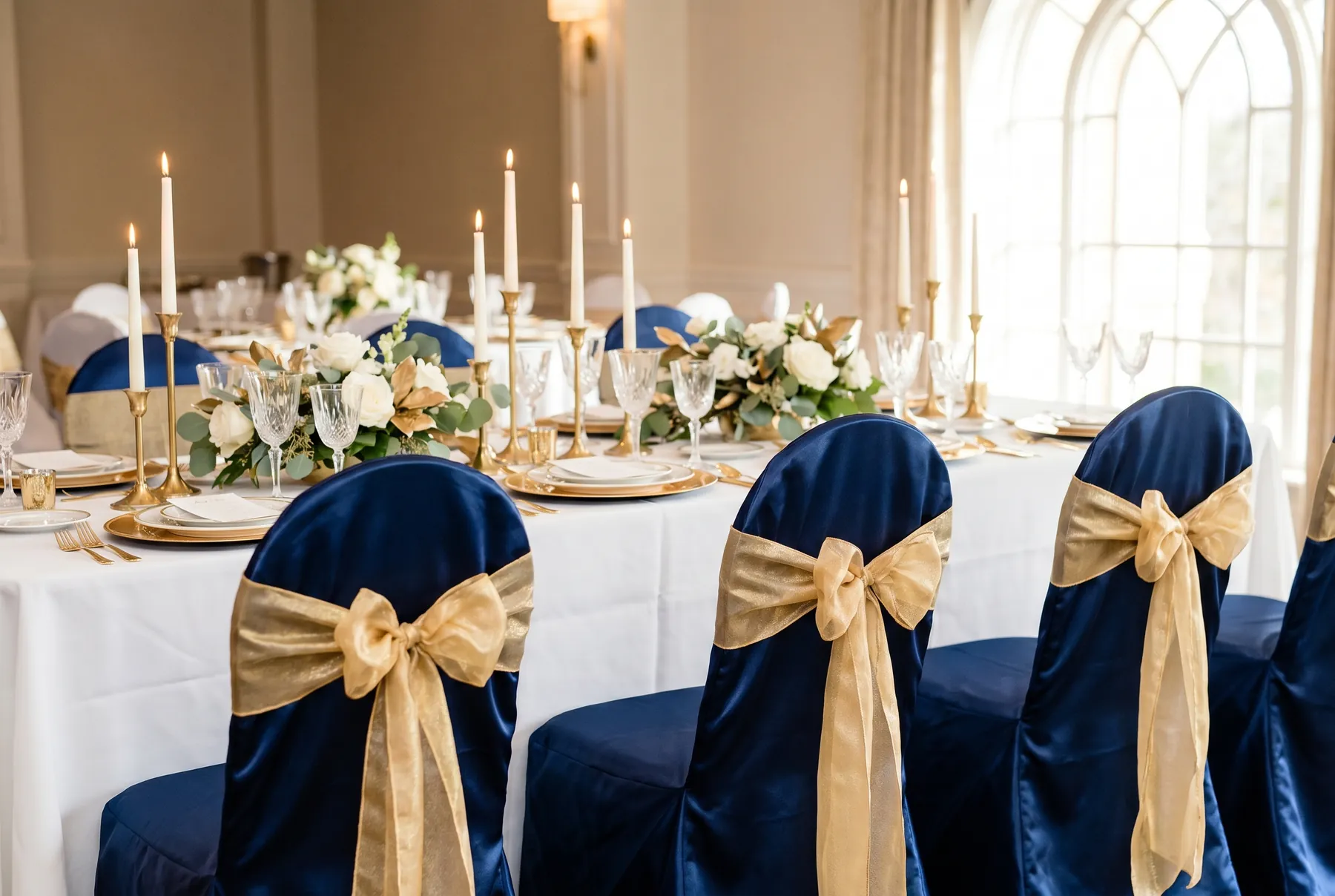 Navy chair covers with gold bow sashes